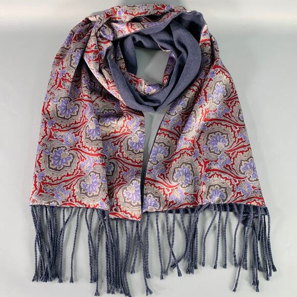 VINTAGE Navy Burgundy Grey Paisley Cashmere Silk Fringe Scarf - Picture 1 of 6